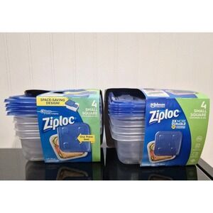 Lot of 2 * Ziploc Container Small Square 4Ct,  Clear Blue Stackable Storage NOS